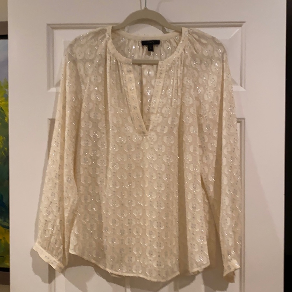 J.Crew ivory blouse with silver stitching detail and split neckline. Needs cami
